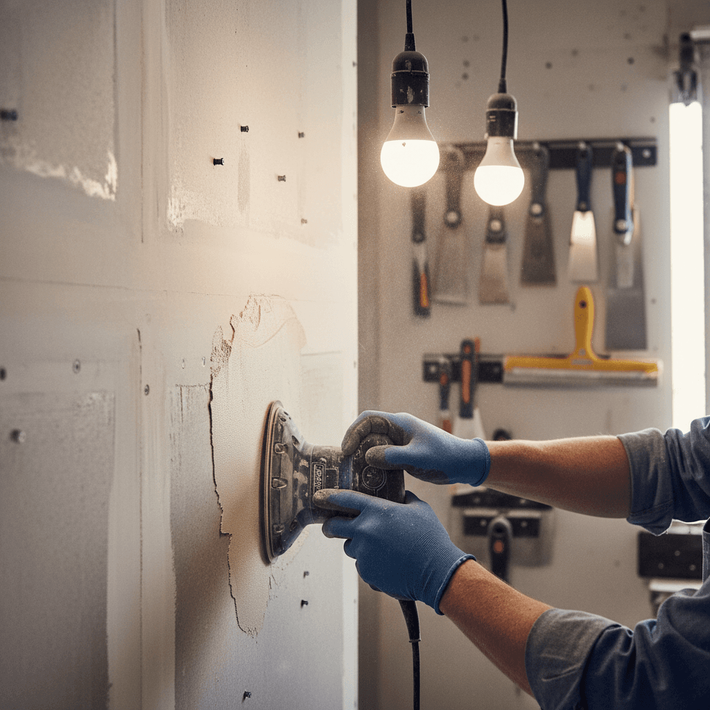 Drywall repair and preparation showing sanding and spackling techniques