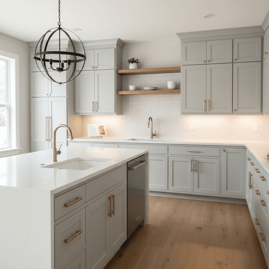 Refinished kitchen cabinets with modern hardware