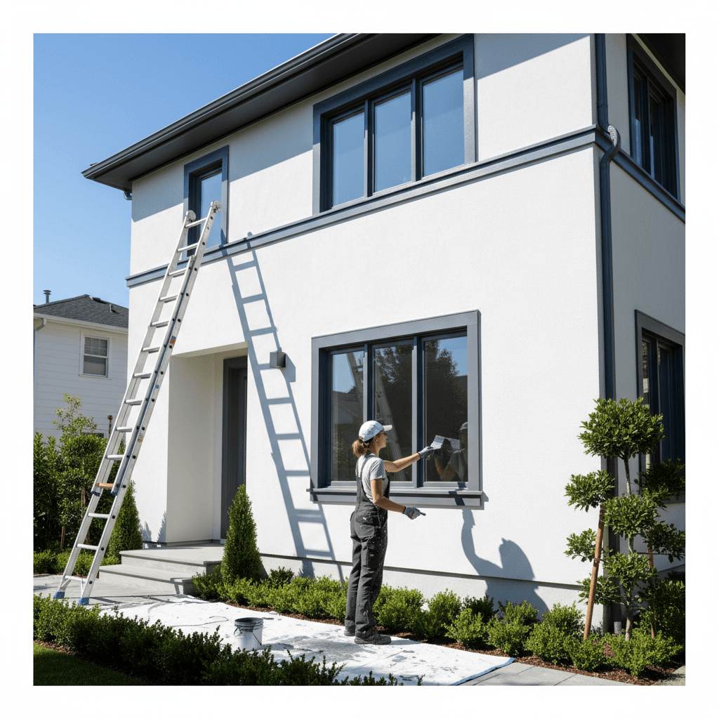 Exterior house painting work in progress on residential home facade