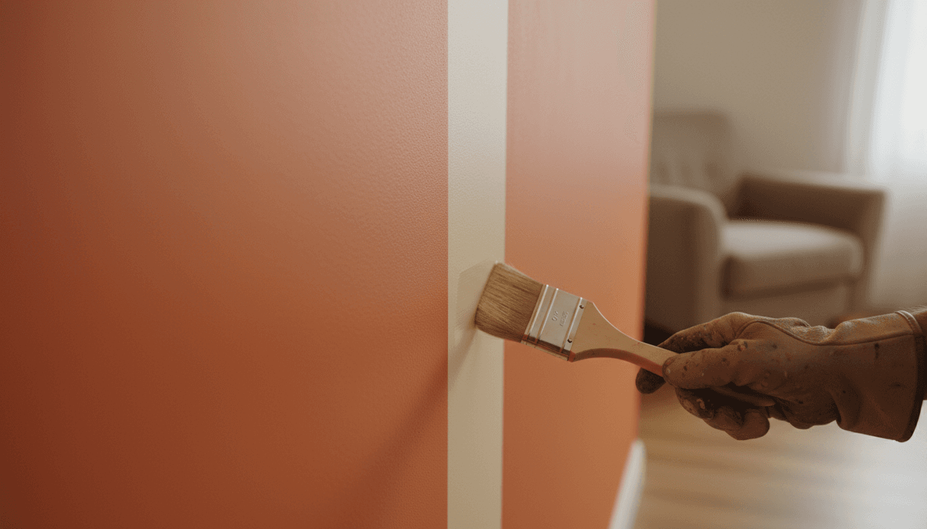 Professional painter applying fresh interior paint with careful brush technique