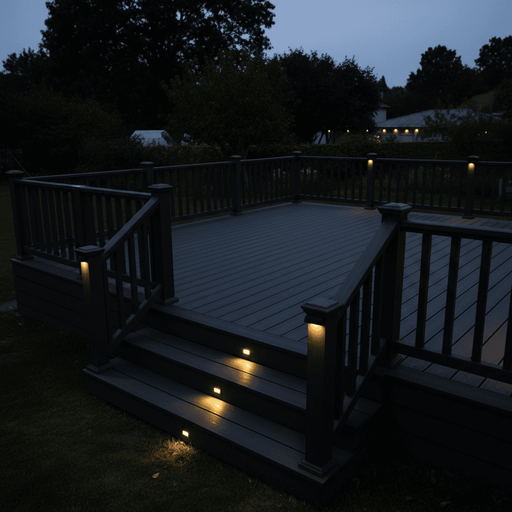 Newly painted residential deck with charcoal finish and railings