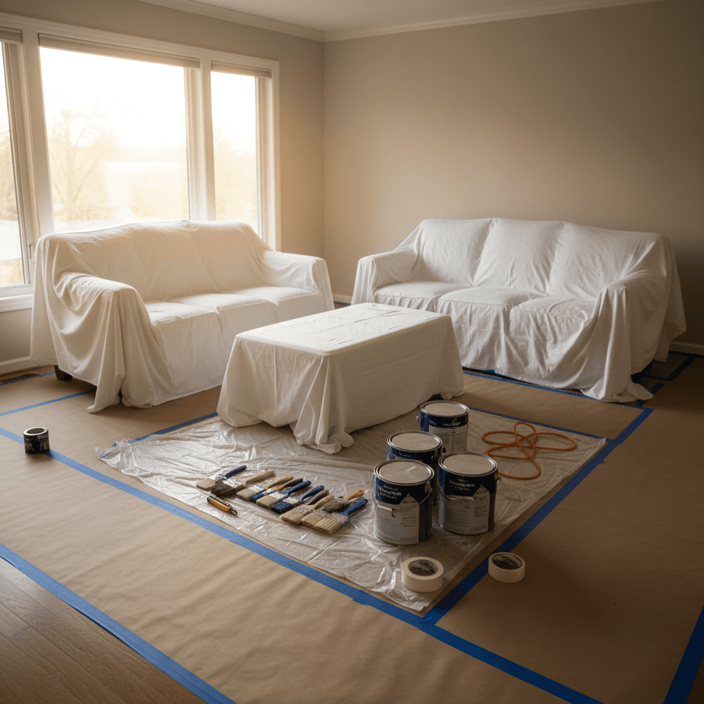 Meticulously prepared interior space showing careful protection of homeowner's belongings