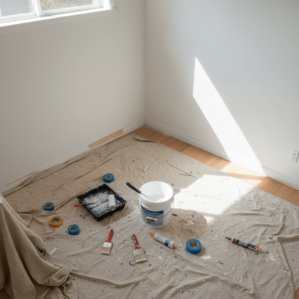 Interior painting project showing completed walls and prep work