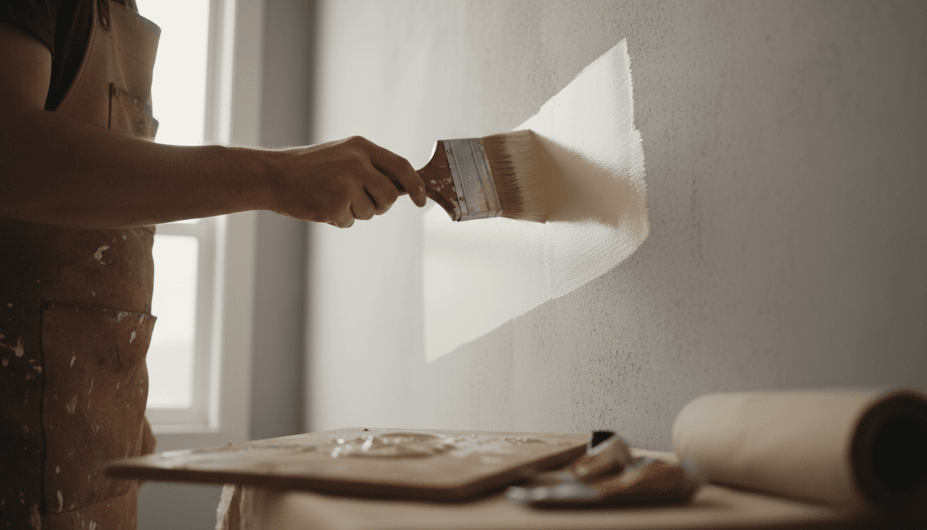 Professional painter applying fresh paint to an interior wall with careful brush technique