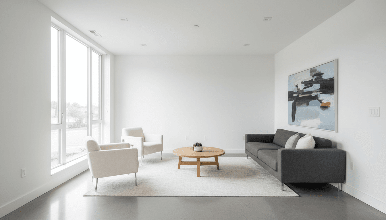 Modern living room with minimal furniture and freshly painted walls.