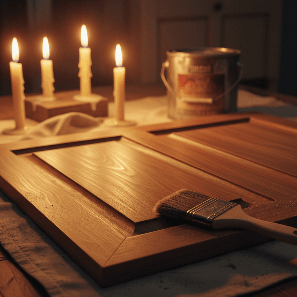 Cabinet refinishing work showing smooth prepared wood surface detail