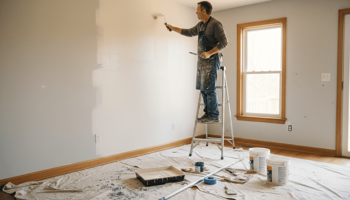 Professional painter applying quality finish to residential interior wall with careful technique