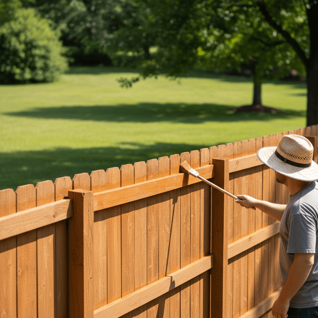 Fence painting work showing wood stain application on residential property