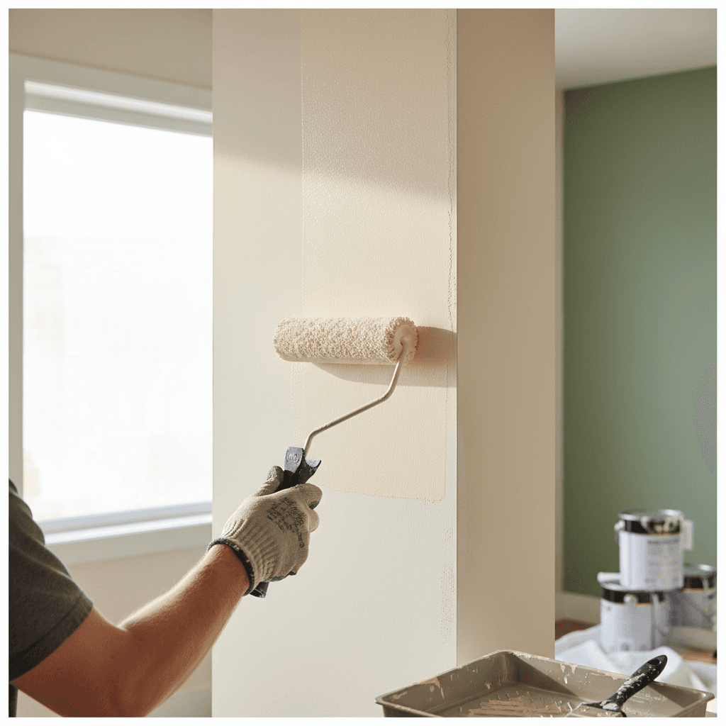 Professional painter applying paint to an interior wall in a bright Toronto home